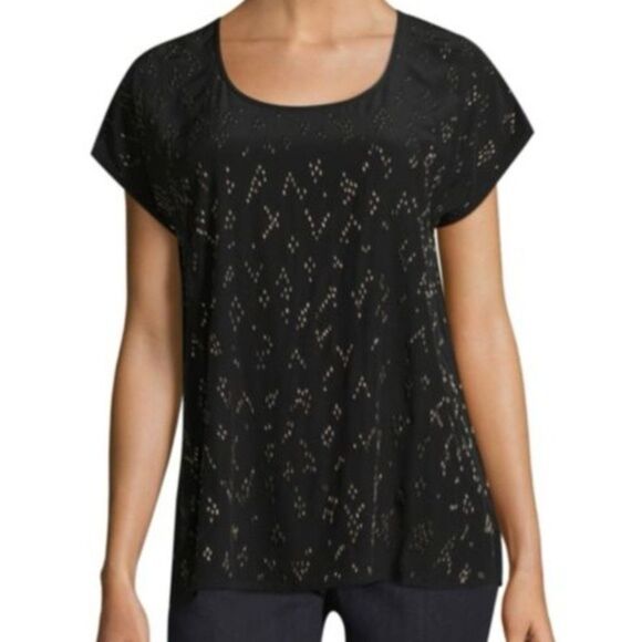 EILEEN FISHER SIZE M BLACK SILK BEADED CHEVRON DESIGN CAP SLEEVE SCOOP NECK TOP - Picture 1 of 8